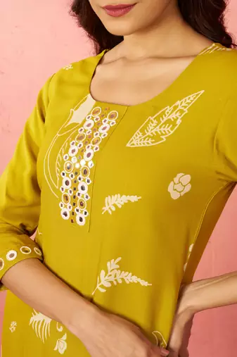 womehendi green rayon mirror work kurta set with palazzo - festival wear