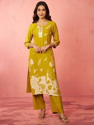 womehendi green rayon mirror work kurta set with palazzo - festival wear 3