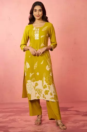 womehendi green rayon mirror work kurta set with palazzo - festival wear