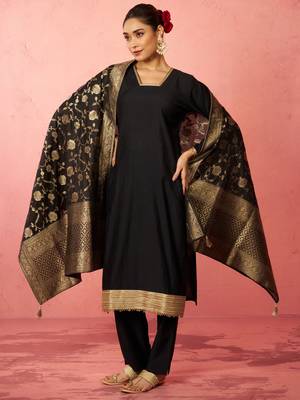 womens black cotton straight kurta set - zari embroidered festive wear 1