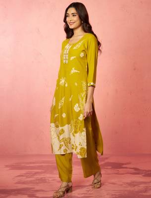 womehendi green rayon mirror work kurta set with palazzo - festival wear 4