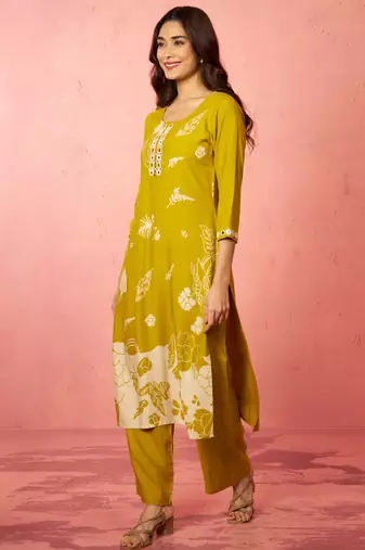 womehendi green rayon mirror work kurta set with palazzo - festival wear