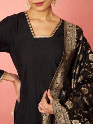 womens black cotton straight kurta set - zari embroidered festive wear 2