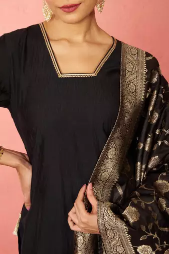 womens black cotton straight kurta set - zari embroidered festive wear