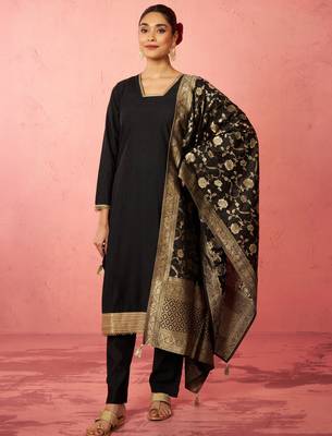 womens black cotton straight kurta set - zari embroidered festive wear 3