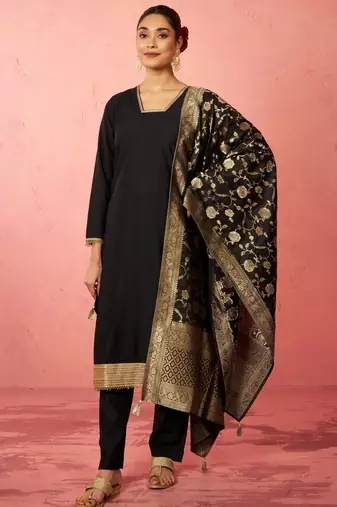 womens black cotton straight kurta set - zari embroidered festive wear