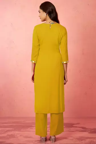 womehendi green rayon mirror work kurta set with palazzo - festival wear