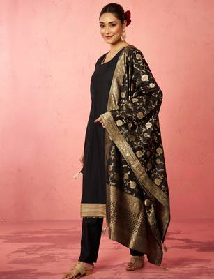womens black cotton straight kurta set - zari embroidered festive wear 4