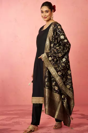 womens black cotton straight kurta set - zari embroidered festive wear