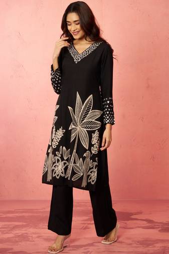 Vastramay women's black rayon mirror work kurta set with flare pants - traditional ethnic