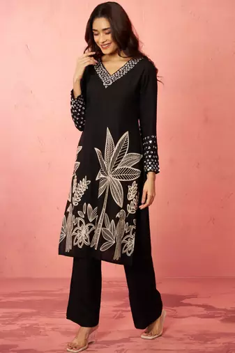women's black rayon mirror work kurta set with flare pants - traditional ethnic