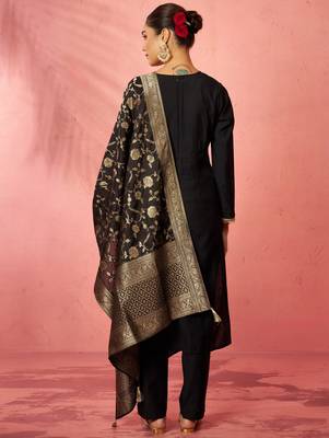 womens black cotton straight kurta set - zari embroidered festive wear 5