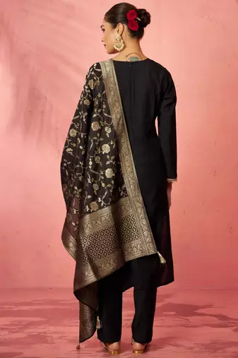 womens black cotton straight kurta set - zari embroidered festive wear