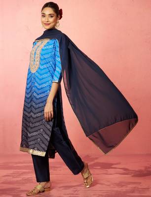 woblue muslin bandhani kurta set with straight pants & dupatta - wedding special 1