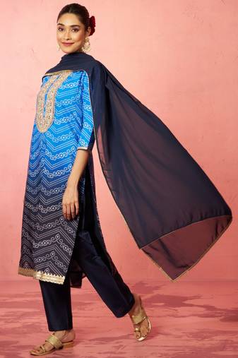 Vastramay women's blue muslin bandhani kurta set with straight pants & dupatta - wedding special