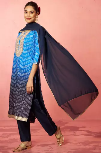 Vastramay women's blue muslin bandhani kurta set with straight pants & dupatta - wedding special