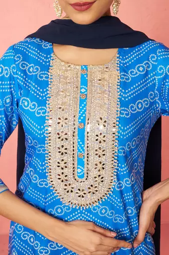 woblue muslin bandhani kurta set with straight pants & dupatta - wedding special