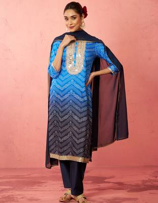woblue muslin bandhani kurta set with straight pants & dupatta - wedding special 3