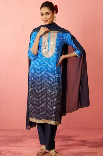 woblue muslin bandhani kurta set with straight pants & dupatta - wedding special