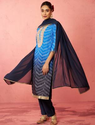 woblue muslin bandhani kurta set with straight pants & dupatta - wedding special 4