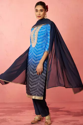 woblue muslin bandhani kurta set with straight pants & dupatta - wedding special