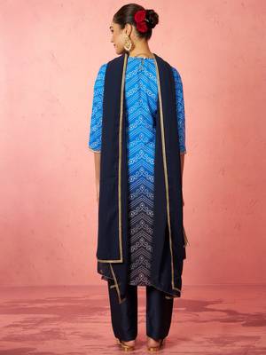 woblue muslin bandhani kurta set with straight pants & dupatta - wedding special 5