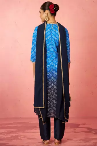 woblue muslin bandhani kurta set with straight pants & dupatta - wedding special