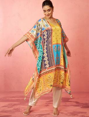 womens multicolour chinon kaftan kurta set - mirror work festival wear 1