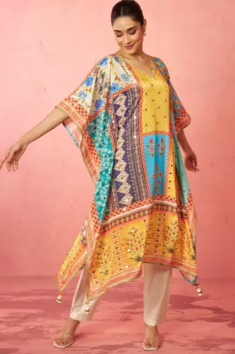 womens multicolour chinon kaftan kurta set - mirror work festival wear