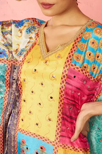 womens multicolour chinon kaftan kurta set - mirror work festival wear