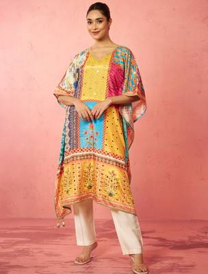 womens multicolour chinon kaftan kurta set - mirror work festival wear 3