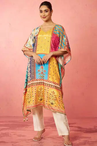 womens multicolour chinon kaftan kurta set - mirror work festival wear