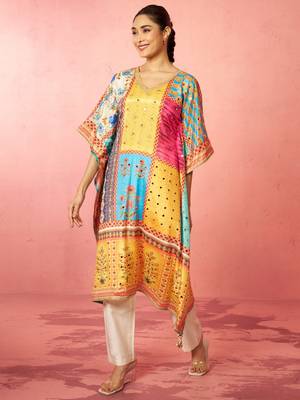 womens multicolour chinon kaftan kurta set - mirror work festival wear 4