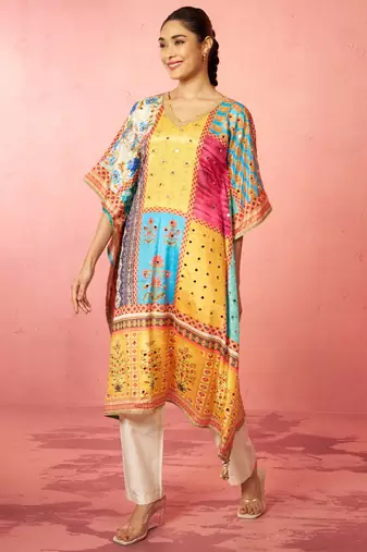 womens multicolour chinon kaftan kurta set - mirror work festival wear