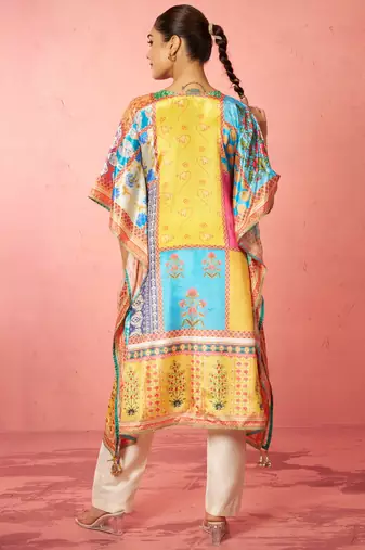 womens multicolour chinon kaftan kurta set - mirror work festival wear