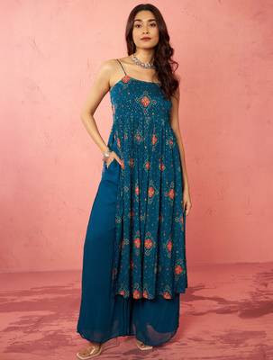 woblue chinon sequin anarkali set with palazzo & dupatta - wedding special 1