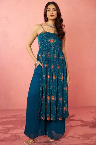 Vastramay women's blue chinon sequin anarkali set with palazzo & dupatta - wedding special