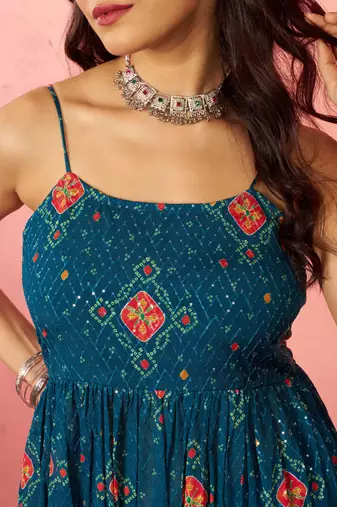 woblue chinon sequin anarkali set with palazzo & dupatta - wedding special