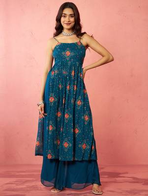 woblue chinon sequin anarkali set with palazzo & dupatta - wedding special 3