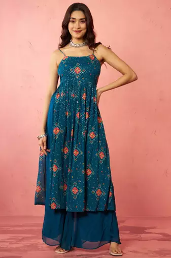woblue chinon sequin anarkali set with palazzo & dupatta - wedding special