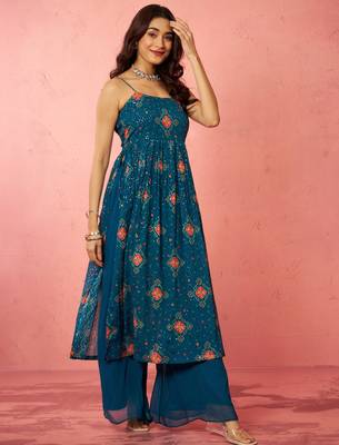 woblue chinon sequin anarkali set with palazzo & dupatta - wedding special 4
