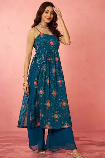 woblue chinon sequin anarkali set with palazzo & dupatta - wedding special