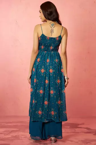 woblue chinon sequin anarkali set with palazzo & dupatta - wedding special