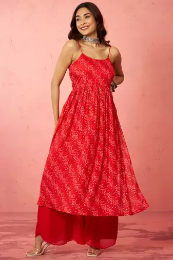 Vastramay women's red chinon sequin anarkali set with palazzo & dupatta - bridal special