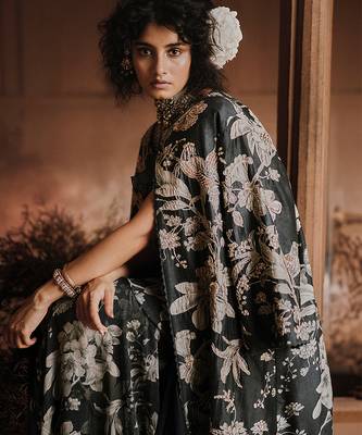 Navy blue floral printed georgette saree with jacket 2