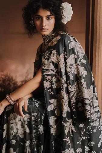 Navy blue floral printed georgette saree with jacket