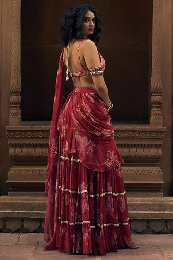 Red floral printed chiffon saree