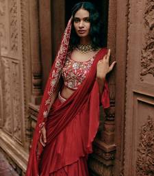Red plain chiffon saree with belt