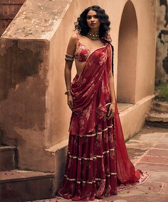 Red floral printed chiffon saree 1