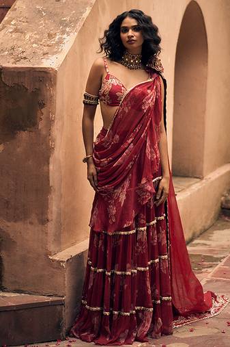 Red floral printed chiffon saree